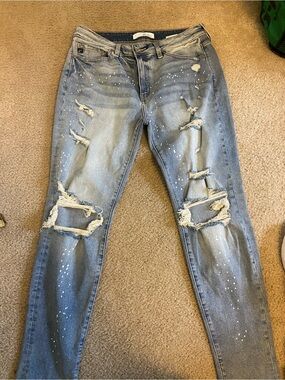KanCan Light Blue Distressed Skinny Jeans with Paint Splatter